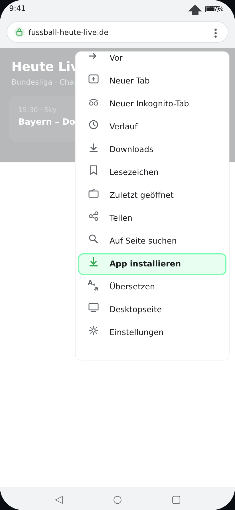 Captura de Android: Chrome con el menú de tres puntos abierto y la opción «Instalar aplicación» resaltada en verde.
