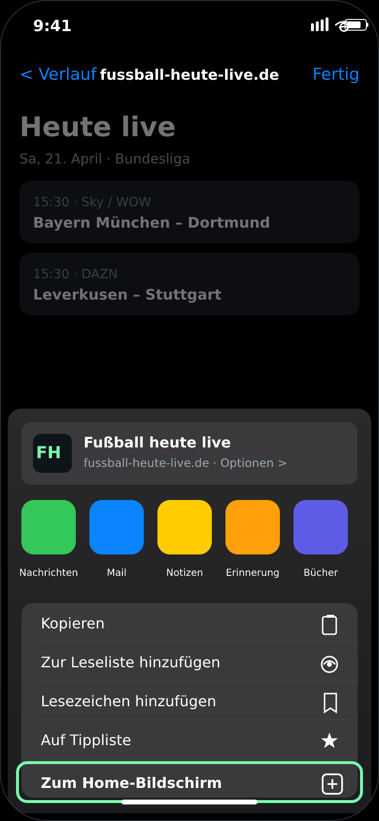 Captura de iPhone: Safari con el menú Compartir abierto y la opción «Añadir a pantalla de inicio» resaltada en verde.